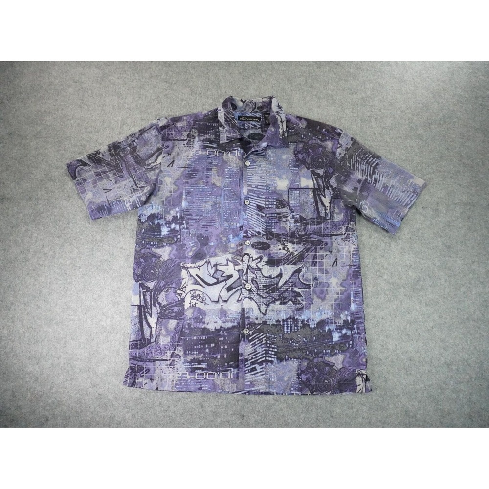 Vintage Y2k Graffiti Button Up Shirt Streetwear Bowling Camp Blue No Boundaries‎